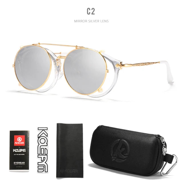 Retro Steampunk Round Clip On Sunglasses Men Women Double Layer Removable Lens Baroque Carved Legs Glasses UV400  With Box