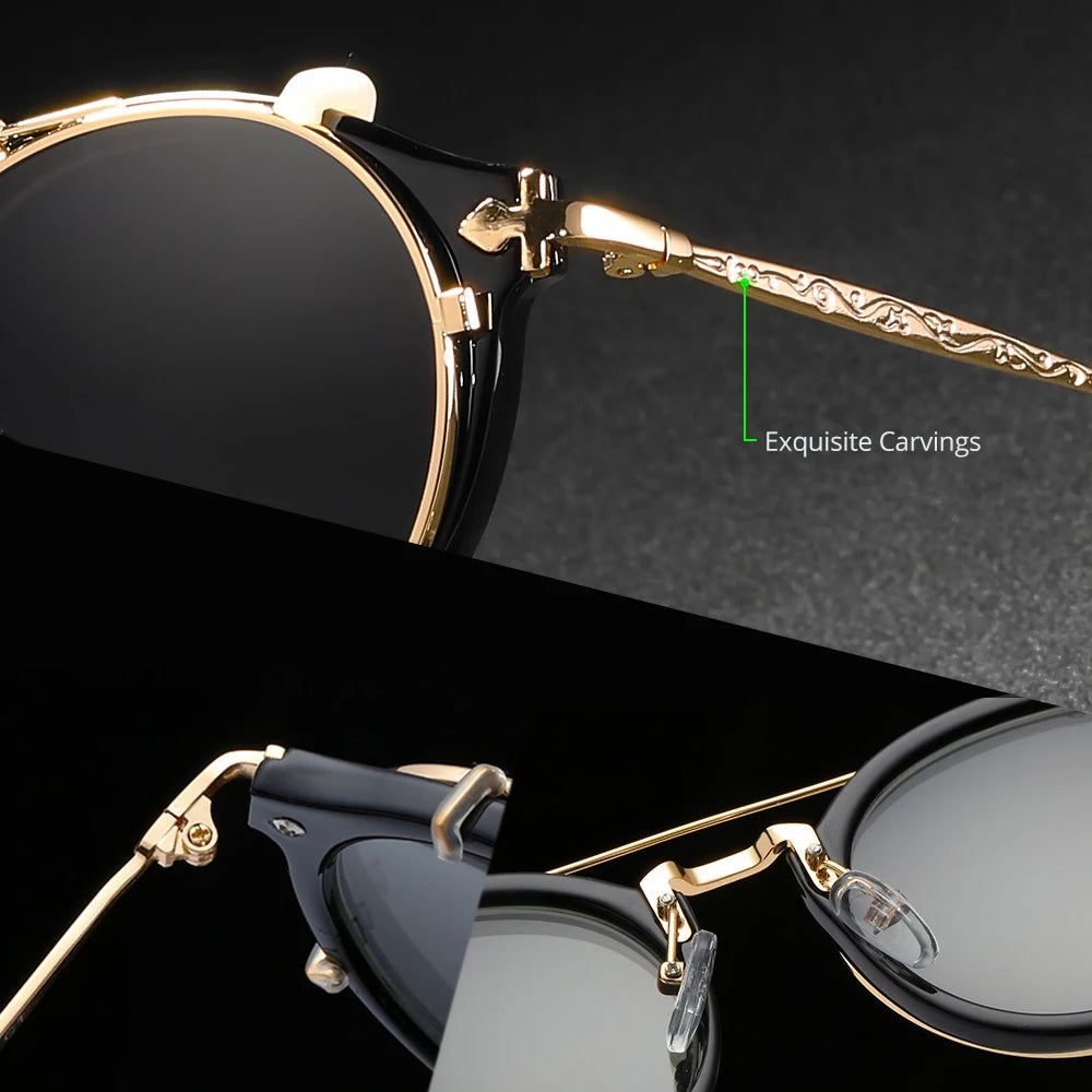 Retro Steampunk Round Clip On Sunglasses Men Women Double Layer Removable Lens Baroque Carved Legs Glasses UV400  With Box