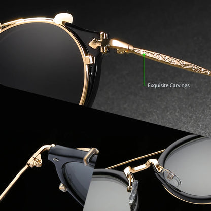 Retro Steampunk Round Clip On Sunglasses Men Women Double Layer Removable Lens Baroque Carved Legs Glasses UV400  With Box