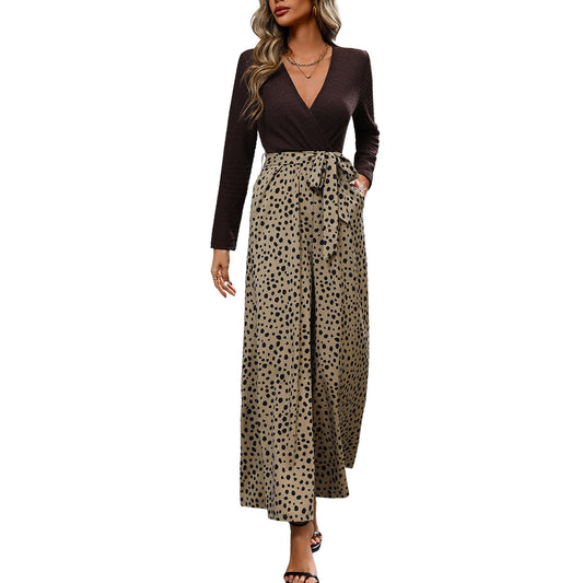 Elegant long sleeved V-neck top and wide leg pants