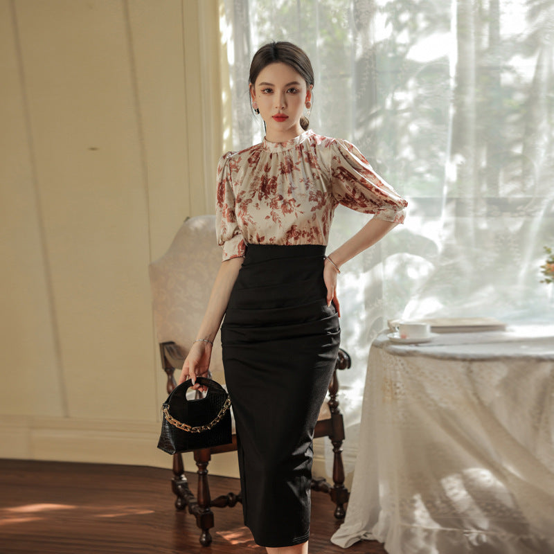 Printed Slim-fit Slimming Middle Sleeve French One-step