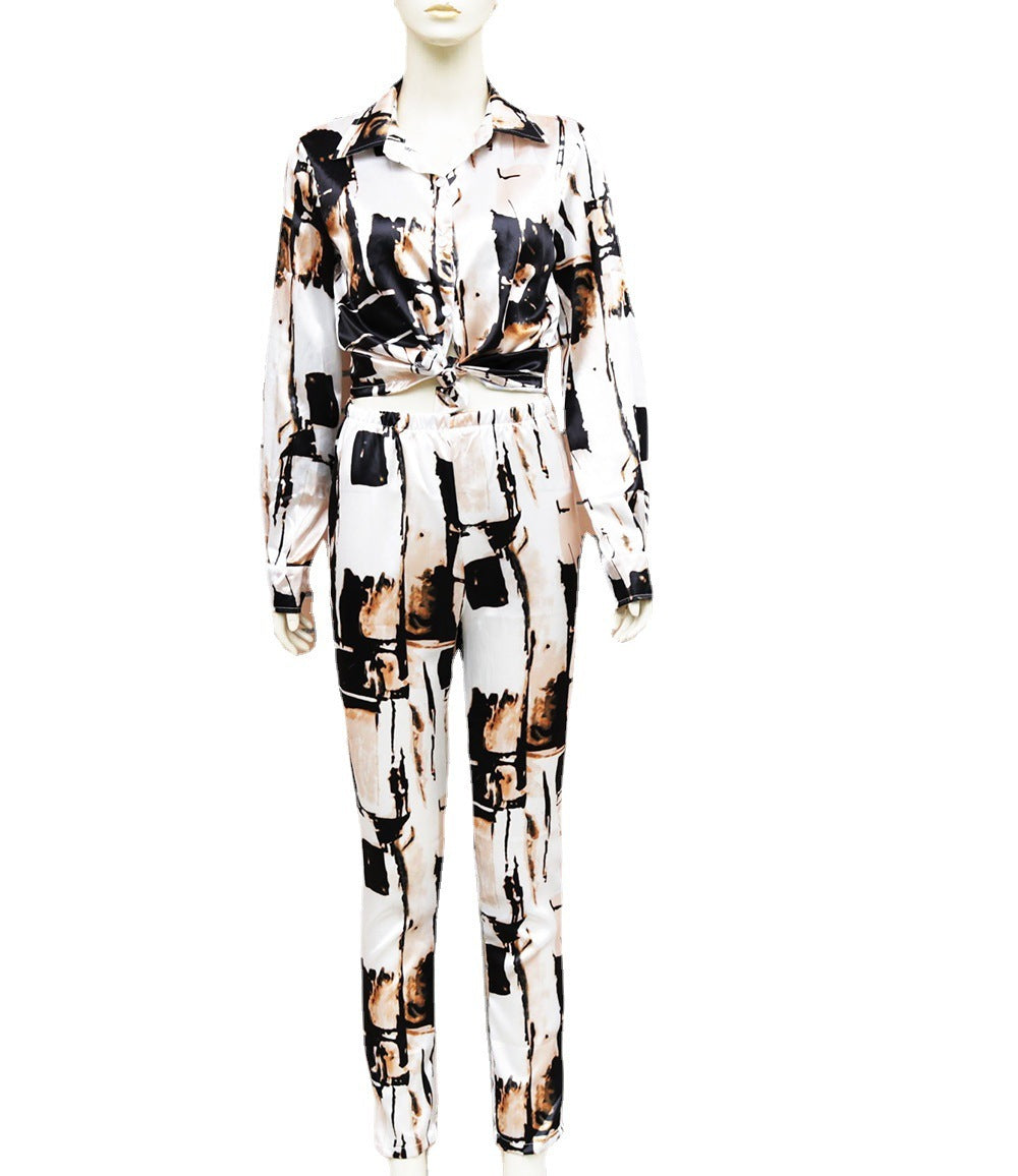 Women's Jumpsuit New Fashion Print Lapel Long Sleeve Slim Fit