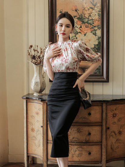 Printed Slim-fit Slimming Middle Sleeve French One-step