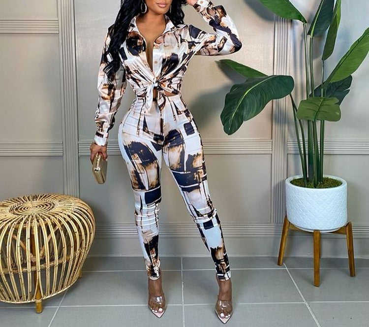 Women's Jumpsuit New Fashion Print Lapel Long Sleeve Slim Fit