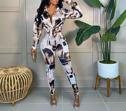 Women's Jumpsuit New Fashion Print Lapel Long Sleeve Slim Fit
